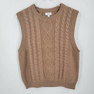 J Crew Factory Cable Knit Sweater Vest Womens Large Tan Cotton Preppy Classic